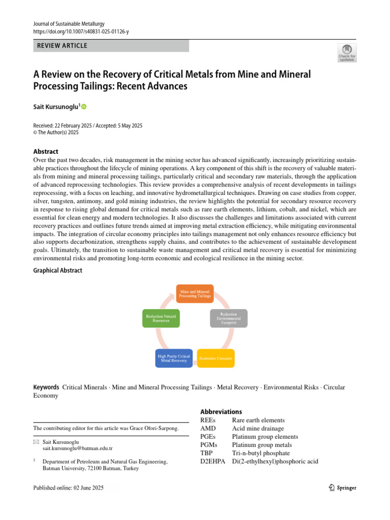 A Review On The Recovery of Critical Metals From Mine Tailings | PDF ...