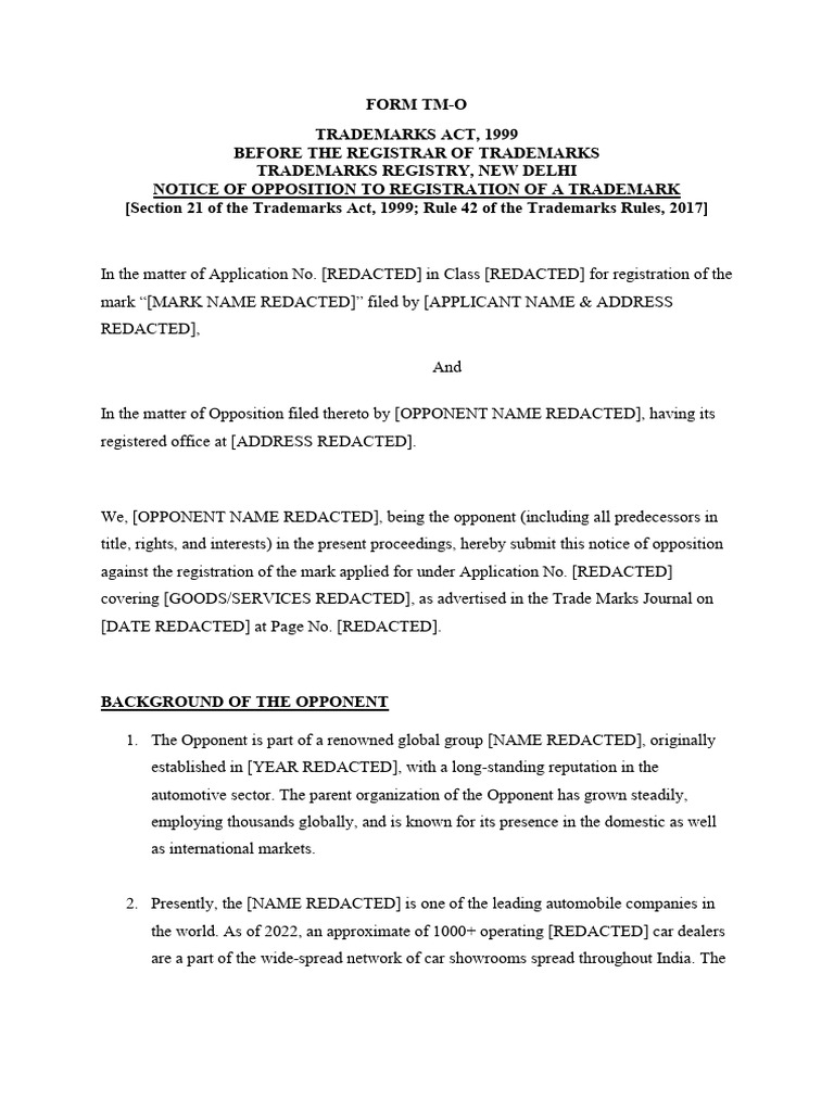 Opposition Draft | PDF | Trademark | Trademark Dilution