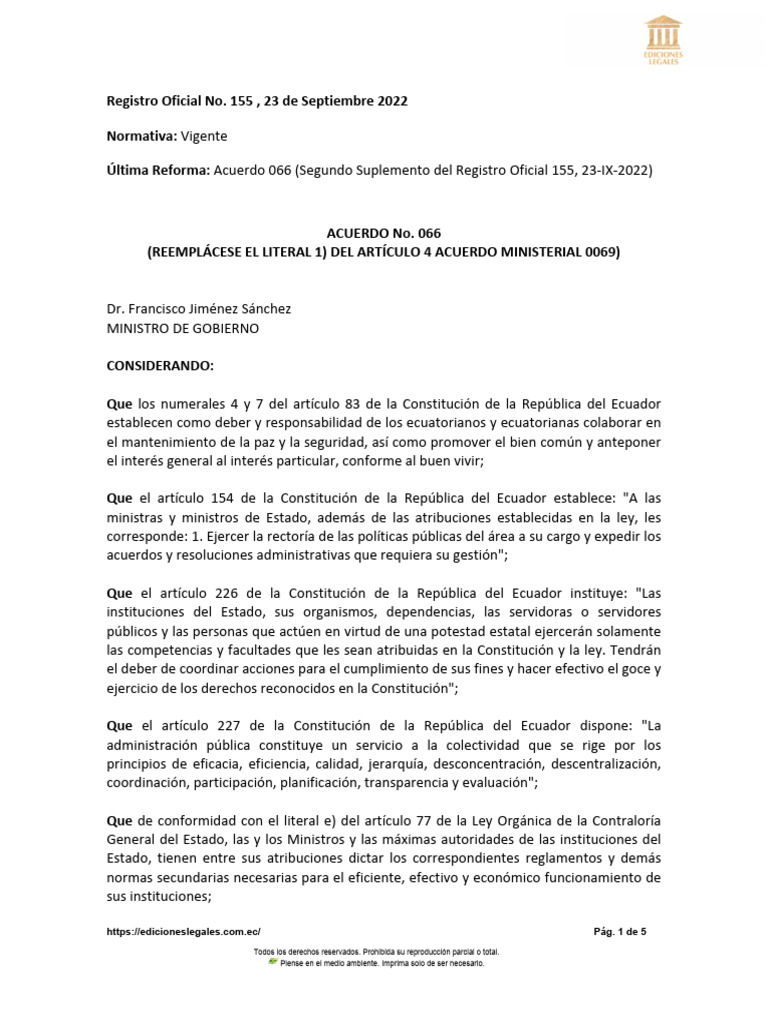 ACUERDO No. 066 Reforma Al Acuerdo No. 069 | PDF | Policía | Ecuador