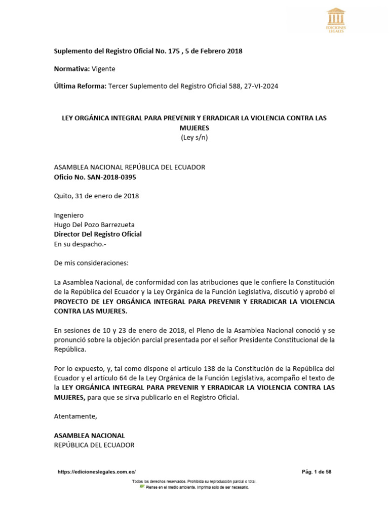 Ley Orgánica Integral para Prevenir y Erradicar La Violencia Contra Las ...