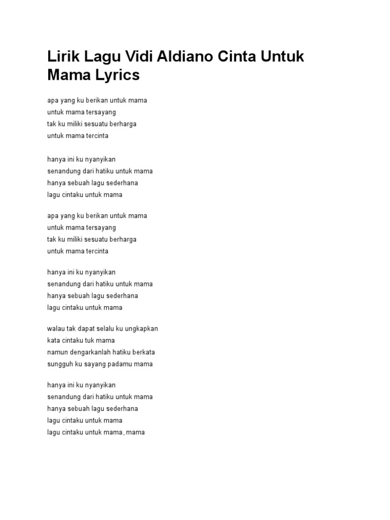 Lirik Lagu Vidi Aldiano Cinta Untuk Mama Lyrics