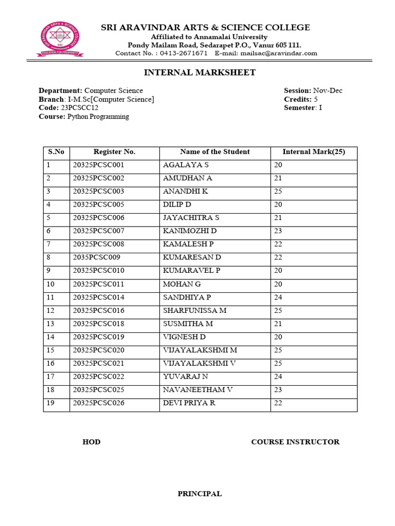 Internal Marksheet | PDF