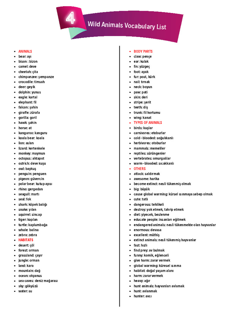 Wild Animals Vocabulary List | PDF