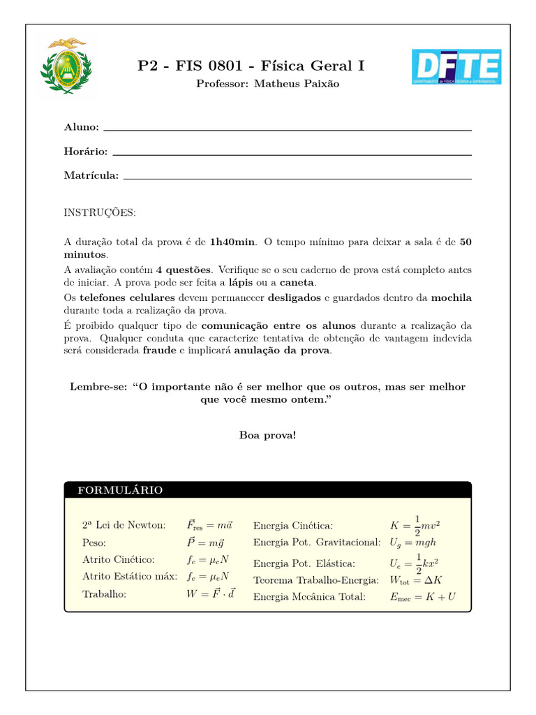 P2B - Gabarito | PDF | Atrito | Massa