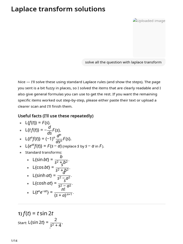 Laplace Transform Solutions | PDF | Laplace Transform | Mathematical ...