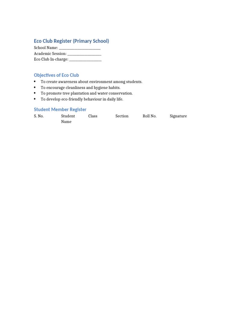 Eco Club Register Primary School Sample | PDF