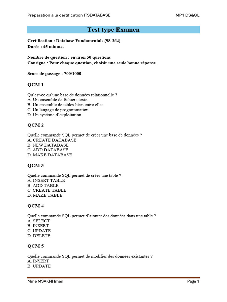 Test Type Examen Itsdatabase | PDF | SQL | Informatique
