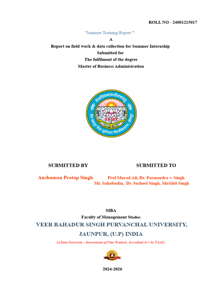 Anshuman Pratap Singh Summer Training Report | PDF | Master Of Business ...