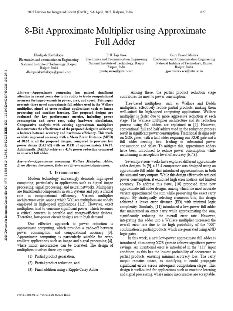 8Bit Approximate Multiplier Using Approximate Full Adder PDF — free download