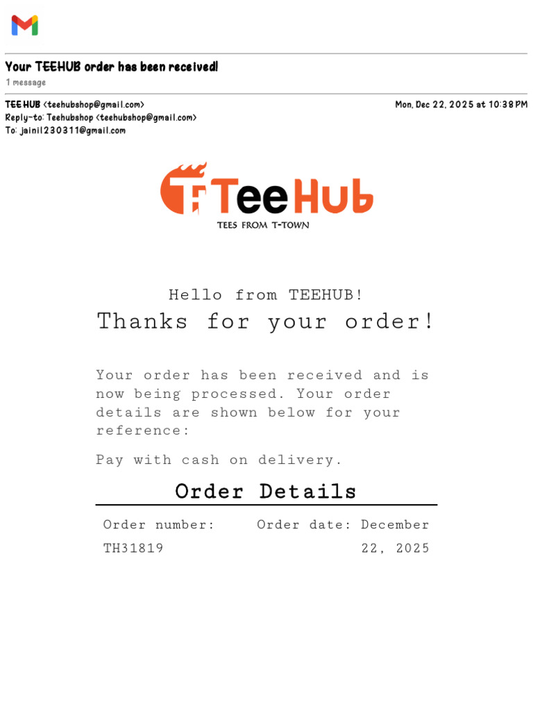 Gmail - Your TEEHUB Order Has Been Received! | PDF