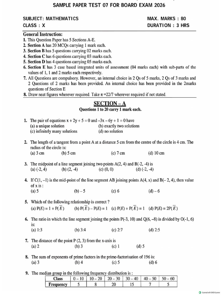 Maths Class X Sample Paper Test 07 For Board Exam 2026 QP | PDF