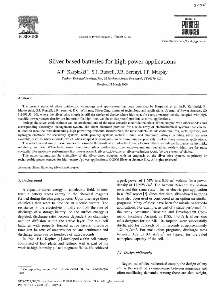 Silver Based Batteries For High Power Applications | PDF | Electrode ...
