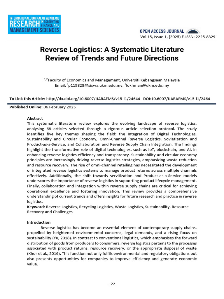 Reverse Logistics A Systematic Literature Review o | PDF ...