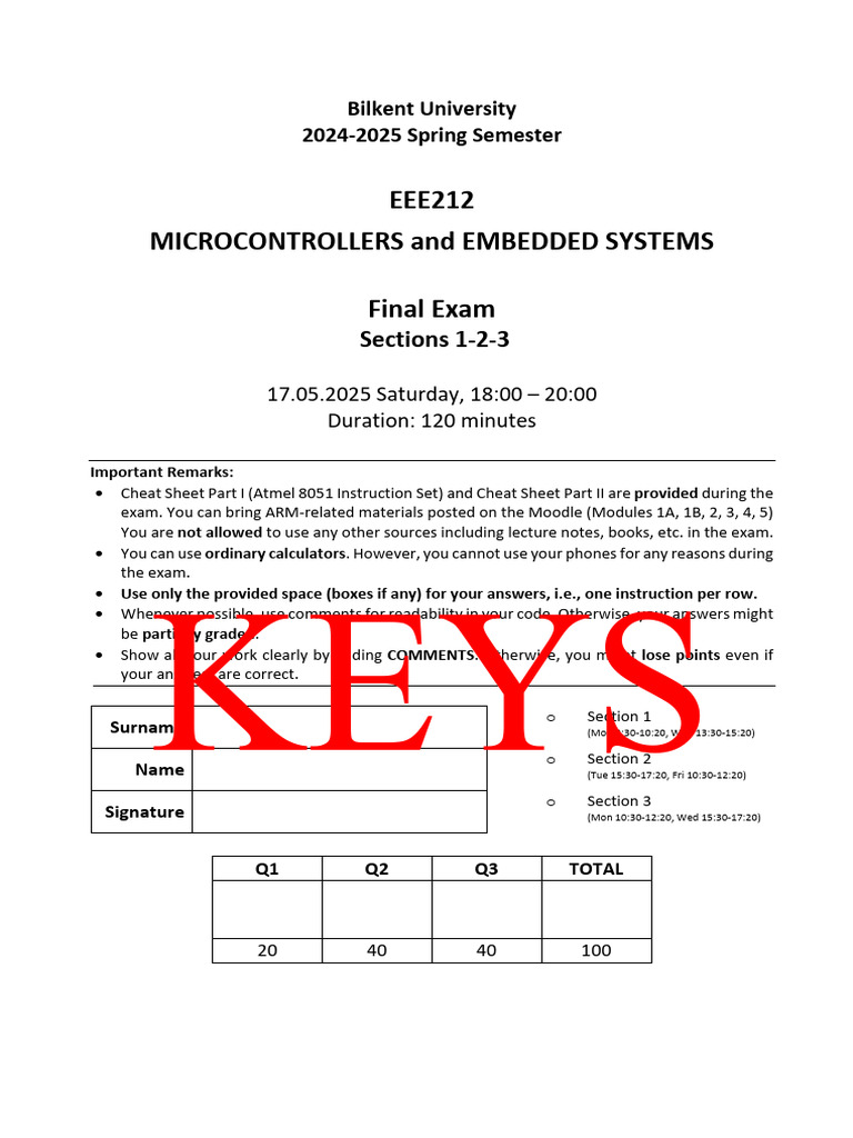 2025SpringEEE212FinalExam KEYS | PDF | Timer | Computer Engineering