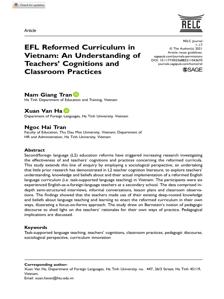 EFL Reformed Curriculum in Vietnam An Understanding of Teachers ...