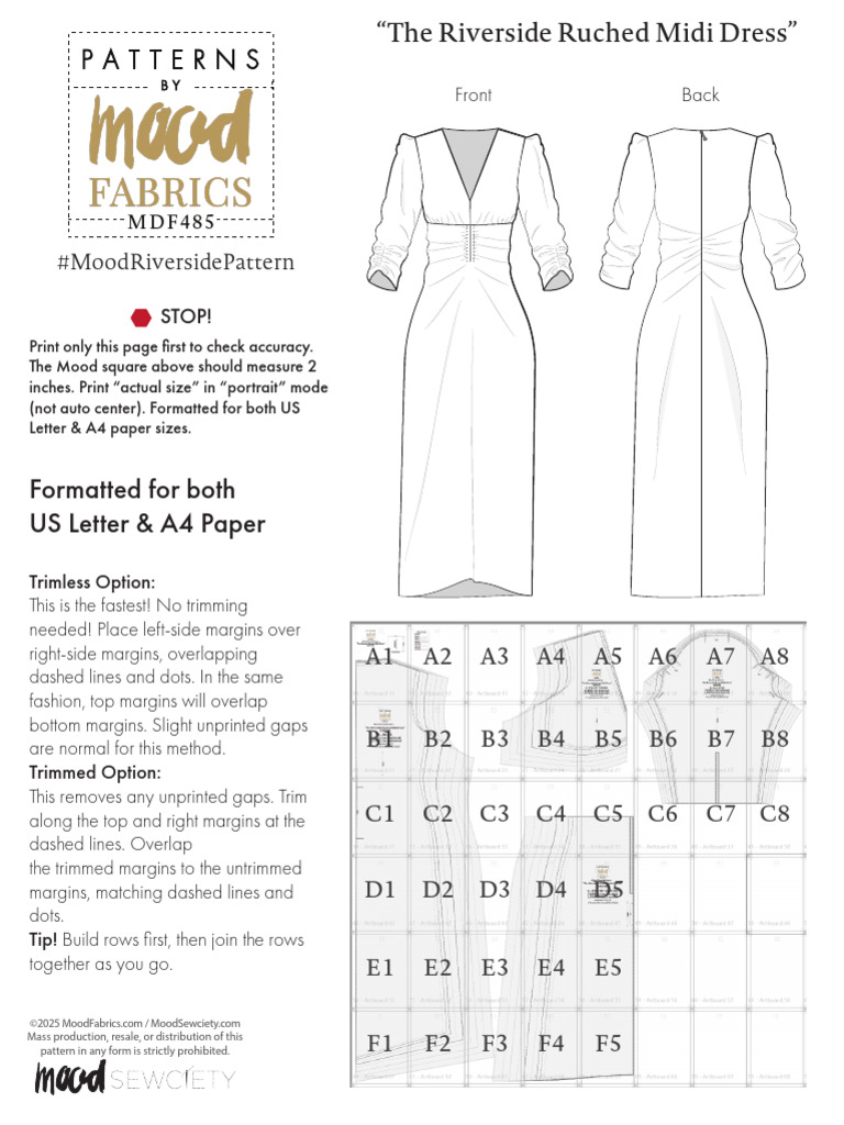 MDF485 Riverside Ruched Midi Dress Free Sewing Pattern A4 Letter ...