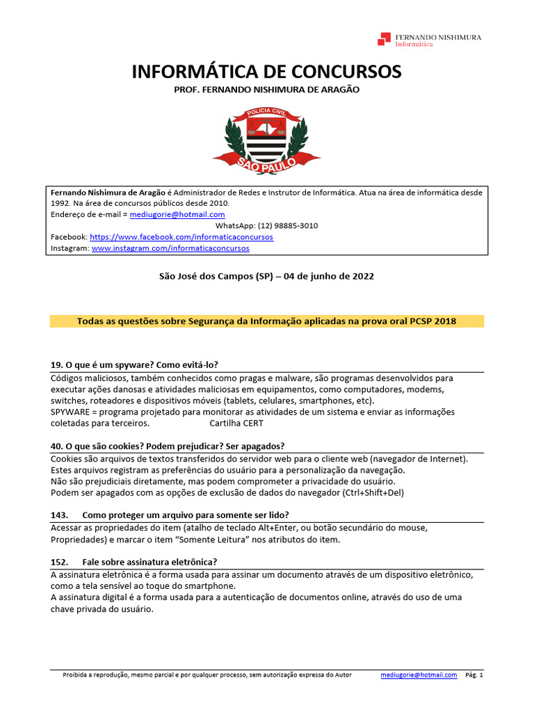 Informática PCSP Prova Oral (Questões Separadas Por Temas) | PDF ...