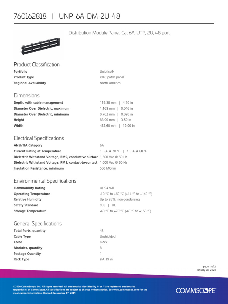 Panel, Cat 6A, UTP, 2U, 48 Port 760162818 - UNP-6A-DM-2U-48 | PDF ...