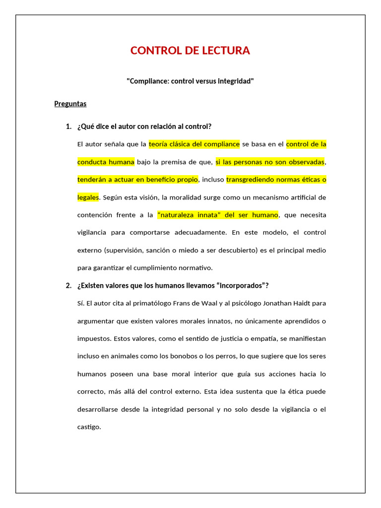 CONTROL de LECTURA - Compliance - Control Versus Integridad | PDF ...