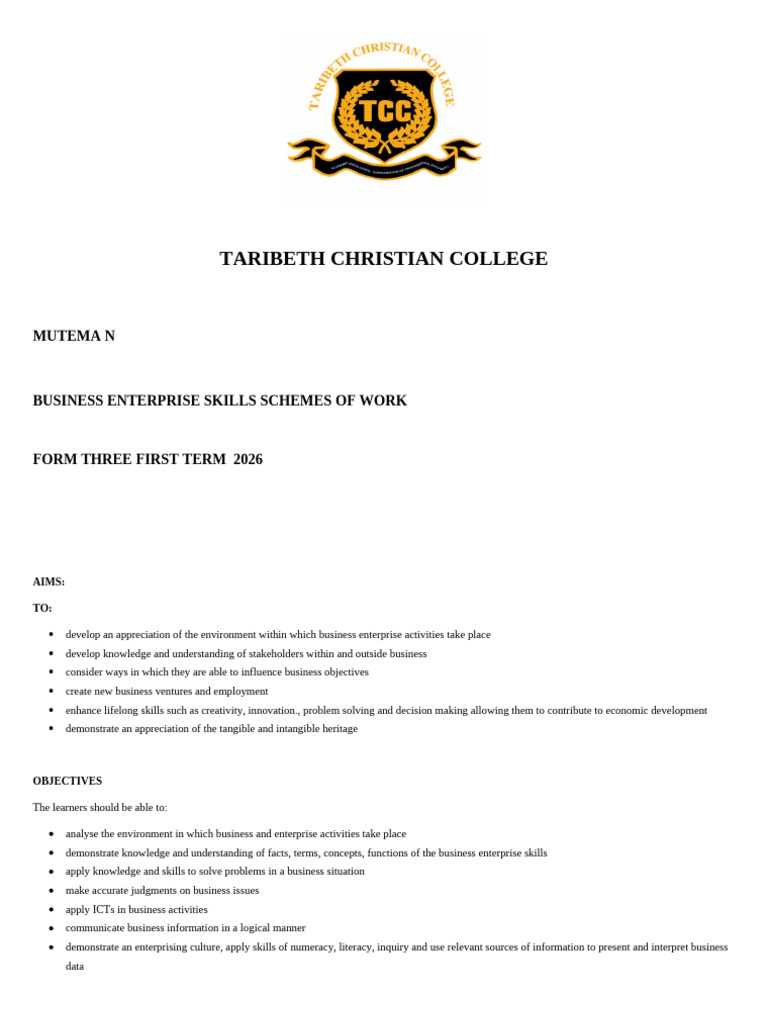 Bes Form 3 (Three) Term One 2026 Scheme | PDF | Knowledge | Educational ...