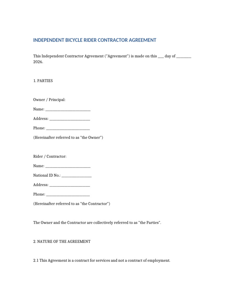 Bicycle_Rider_Independent_Contractor_Agreement_FULL_Malawi (1) | PDF ...