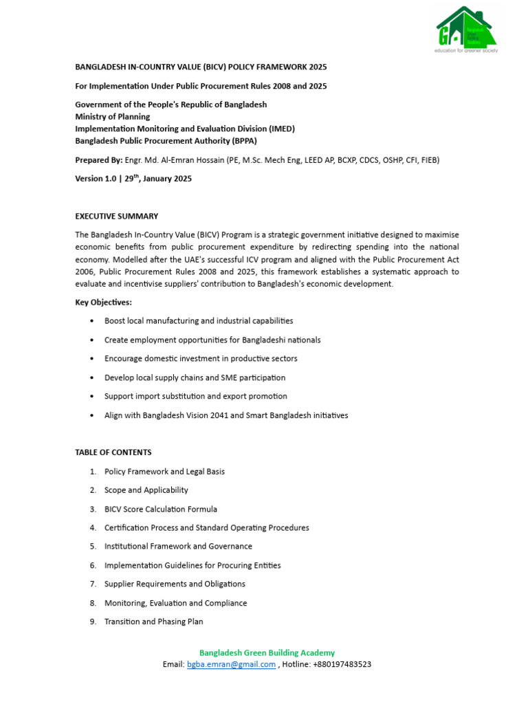 Bangladesh In-Country Value (Bicv) Policy Framework 2025 | PDF ...