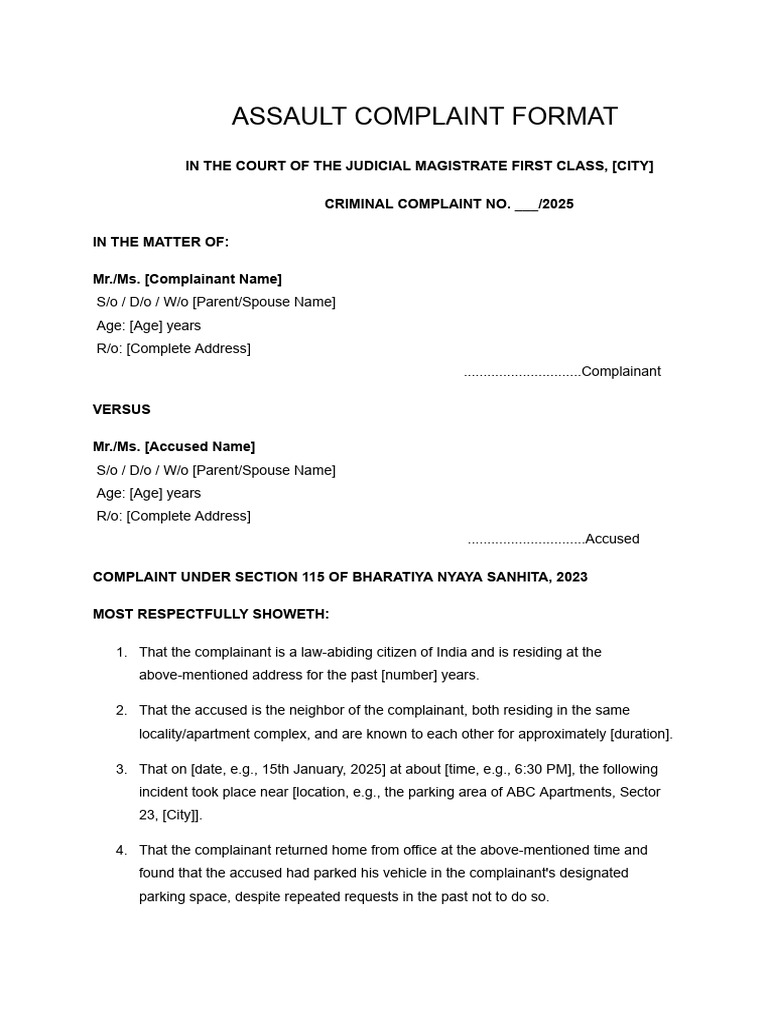 Assault Complaint Format | PDF | Justice | Crime & Violence