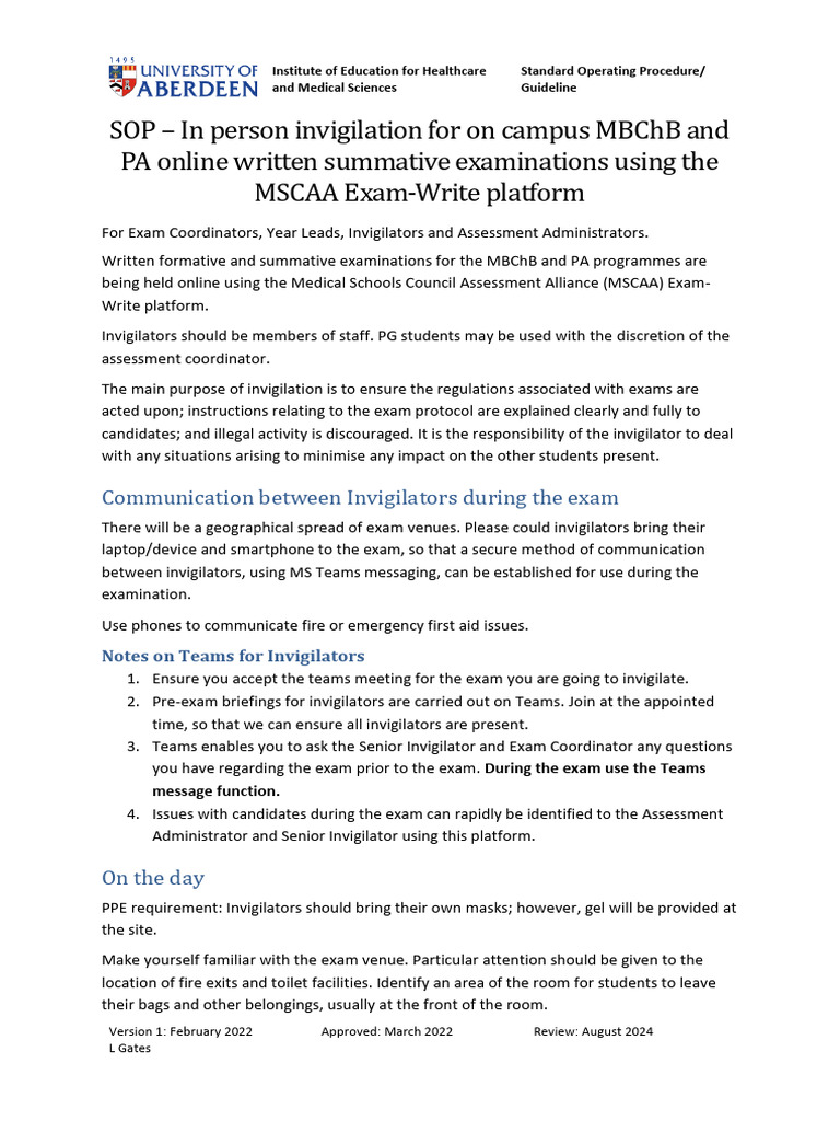 Sop in Person Invigilation For Exams Using Mscaa Platform | PDF