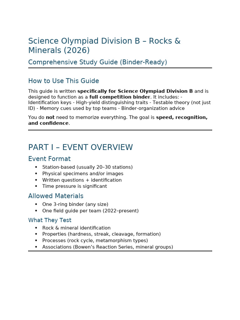 Science Olympiad Division B Rocks & Minerals - Comprehensive Study ...