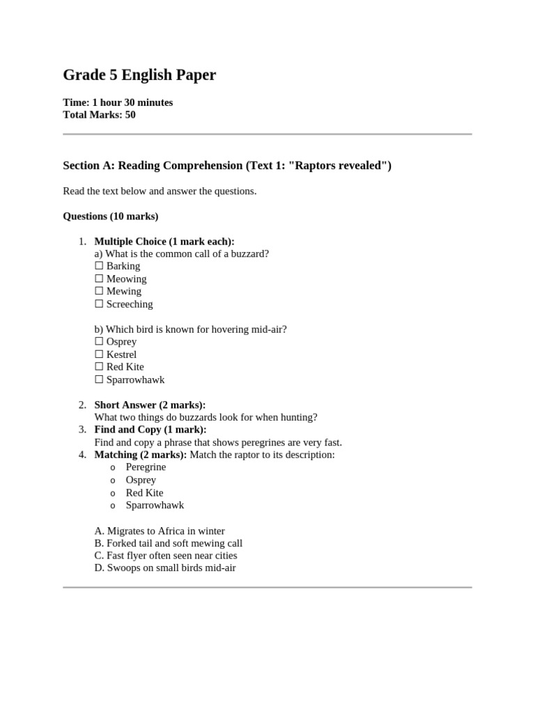 Grade 5 English Paper | PDF