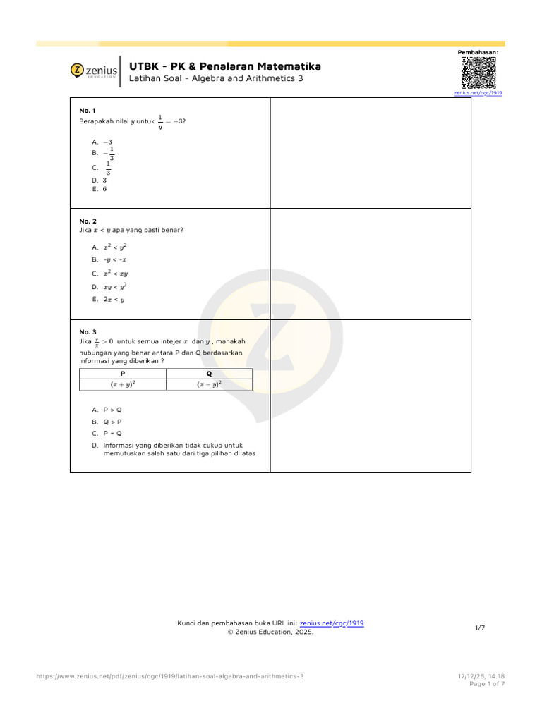 Latihan Soal - Algebra and Arithmetics 3 - Zenius Education | PDF