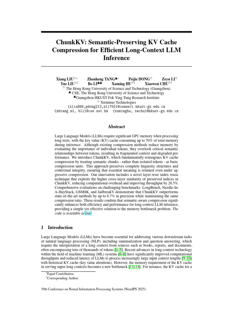 Chunkkv: Semantic-Preserving KV Cache Compression For Efficient Long ...