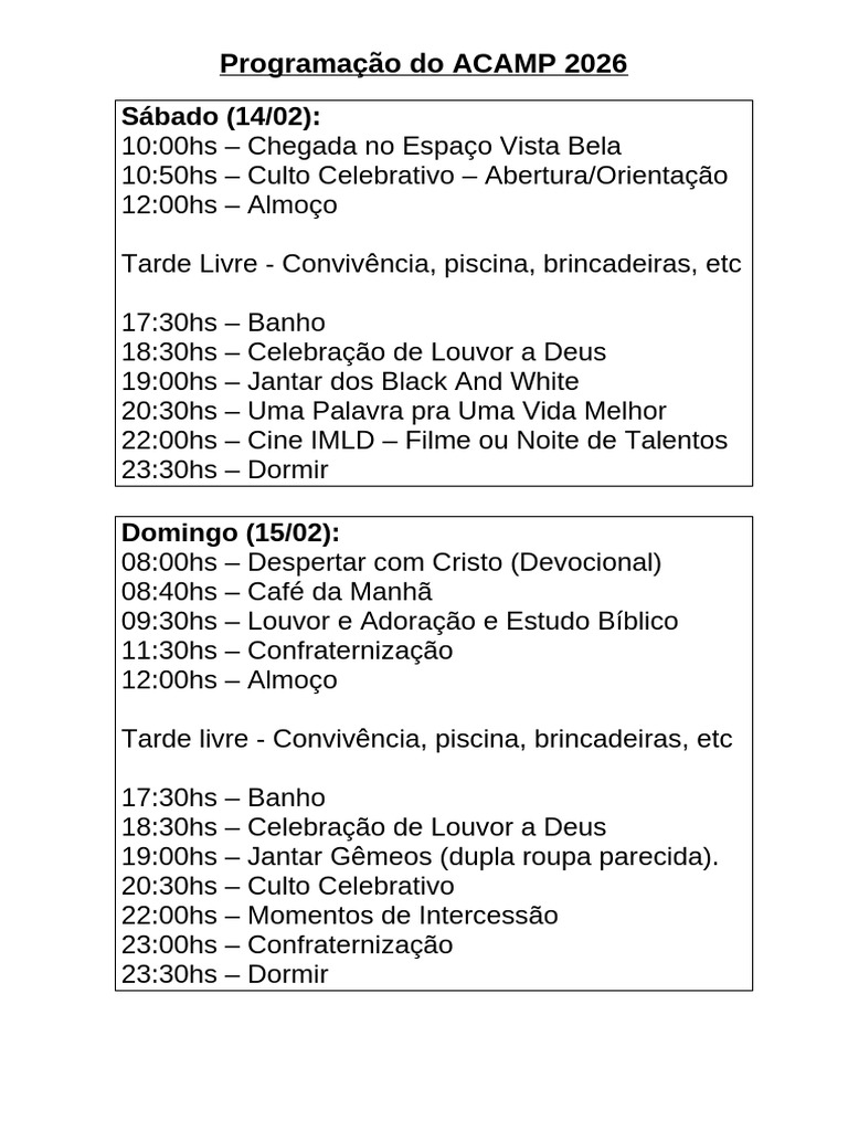 Programação Do ACAMP 2026 | PDF