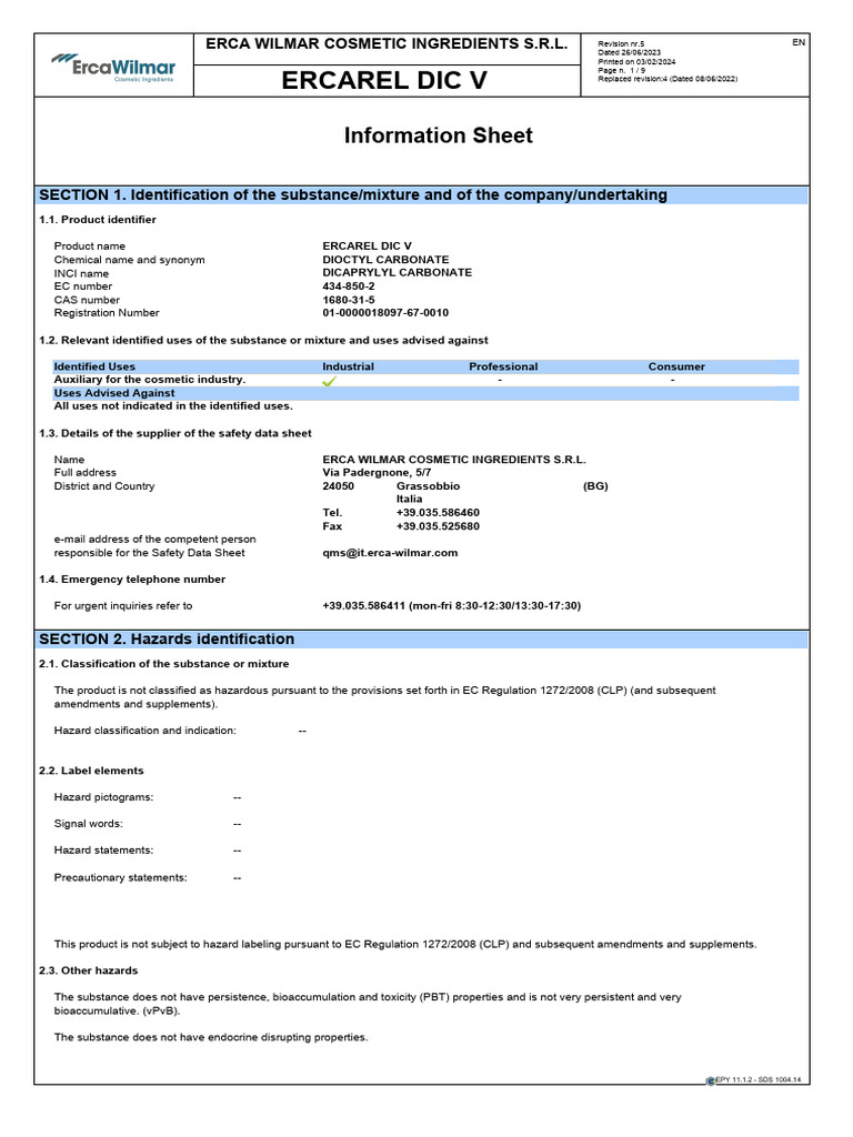 Sds 3i0540 Ercarel Dic V | PDF | Dangerous Goods | Chemical Reactions