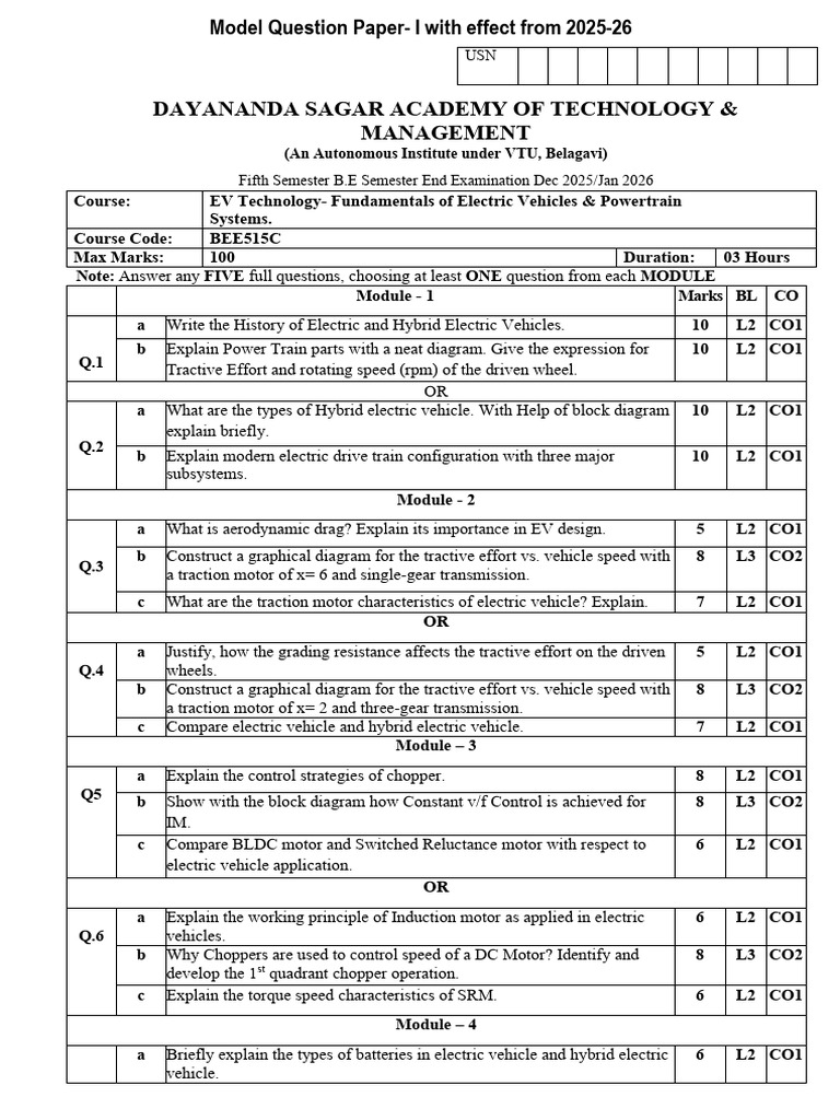 Model Question Paper-EV (Autonomous) | PDF | Electric Vehicle | Hybrid ...