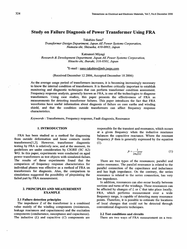 Study on Failure Diagnosis of Power Transformer Using FRA | PDF