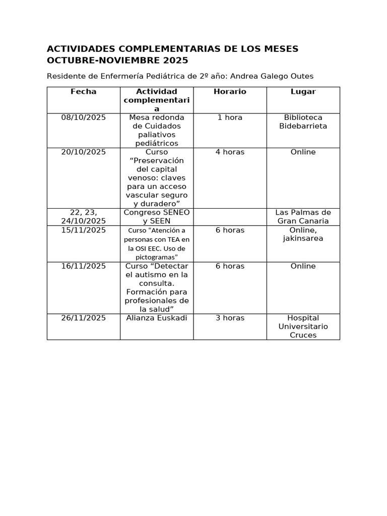 Actividades Complementarias Octubre-noviembre | PDF