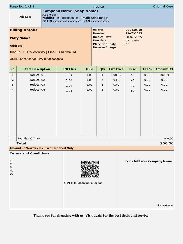 Mobile Invoice Format 01 - Simple | PDF