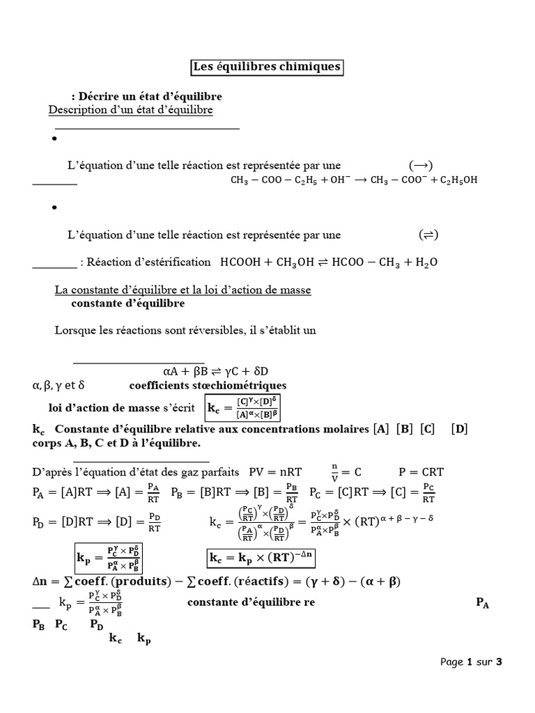 Les Équilibres Chimiques (Cours) 2024-2025 | PDF | Équilibre chimique ...