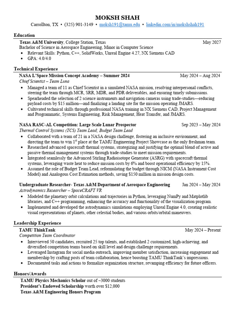 Moksh Shah Resume | PDF | Nasa | Astronautics