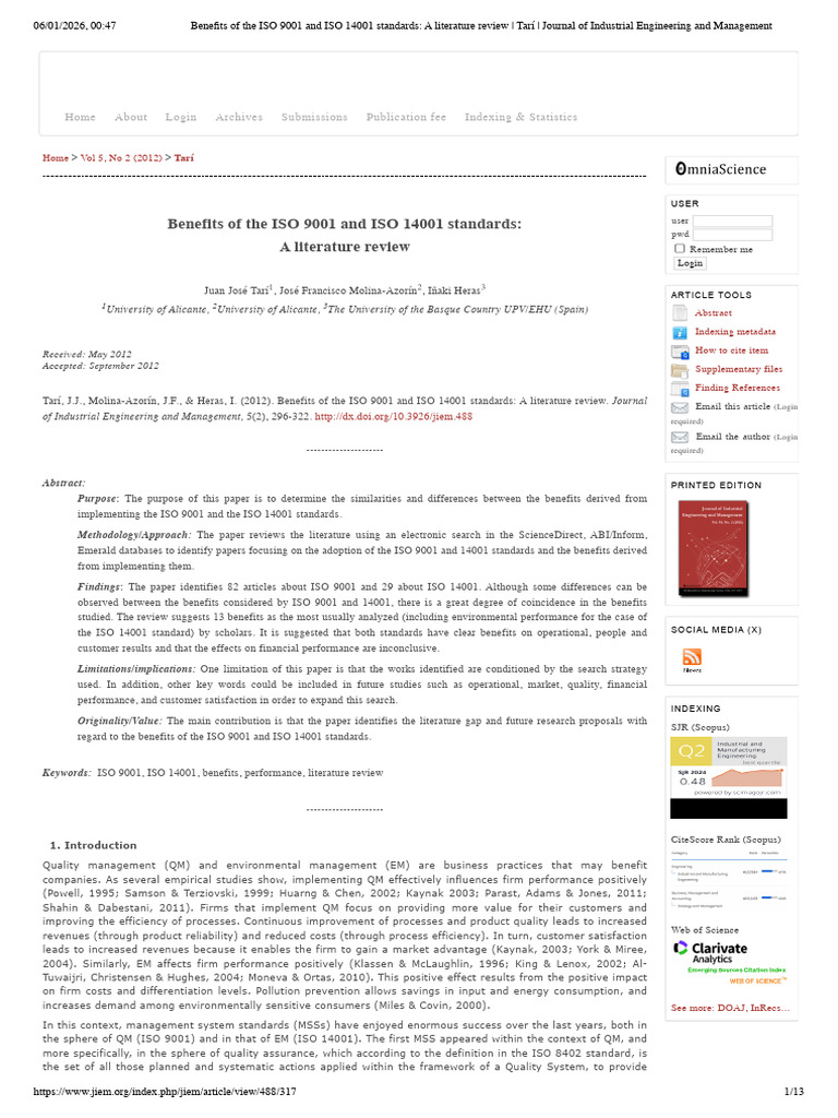 Benefits of The ISO 9001 and ISO 14001 Standards - A Literature Review ...