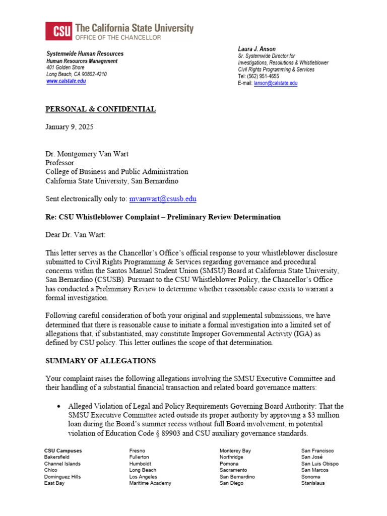 CSU Preliminary Review Determination Letter of CSUSB Investigation ...