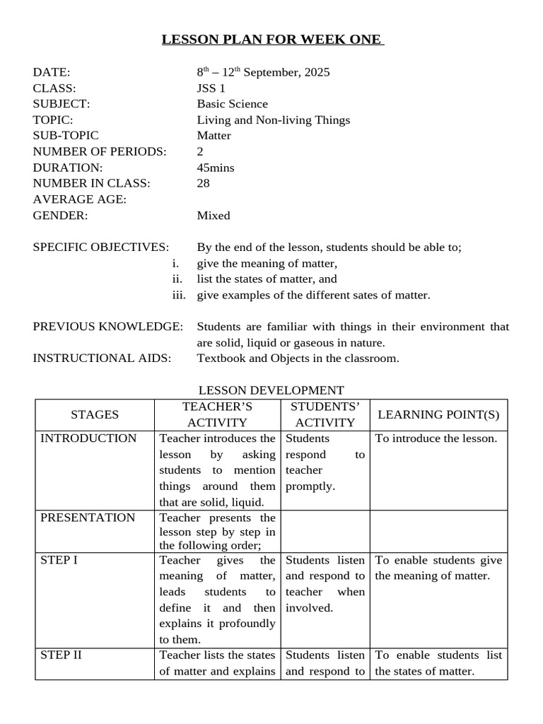 Jss 1 Basic Science Lesson Plans | PDF | Teachers | Lesson Plan