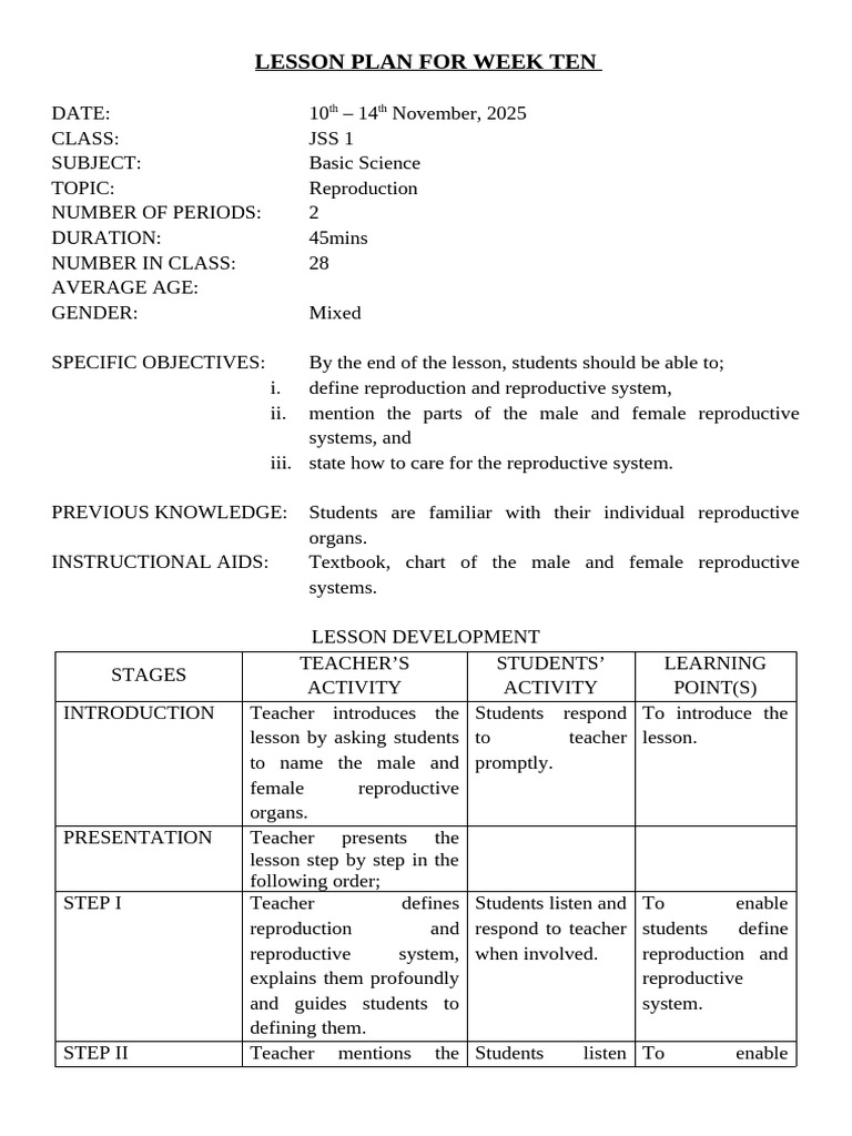 Jss 1 Basic Science Week 10 | PDF | Teachers | Science