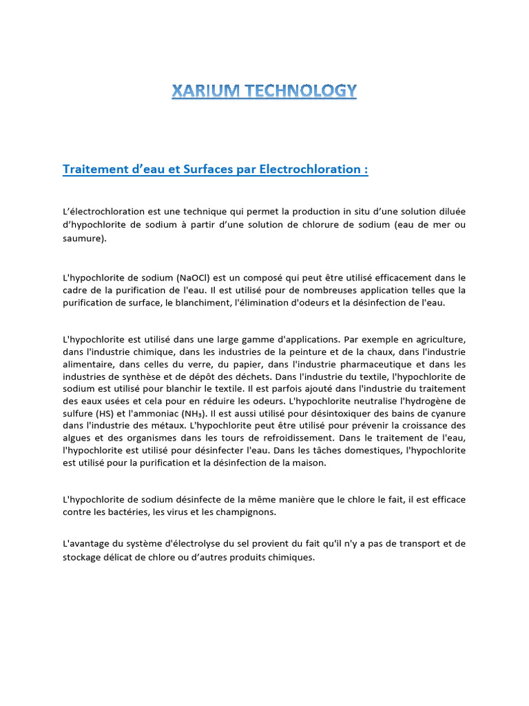 Traitement D eau Et Surfaces Par Electrolyseur PDF Chlore 