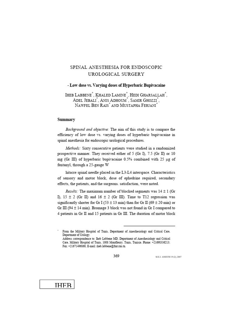 Spinal Anesthesia For Endoscopic Urological Surgery | PDF | Anesthesia ...