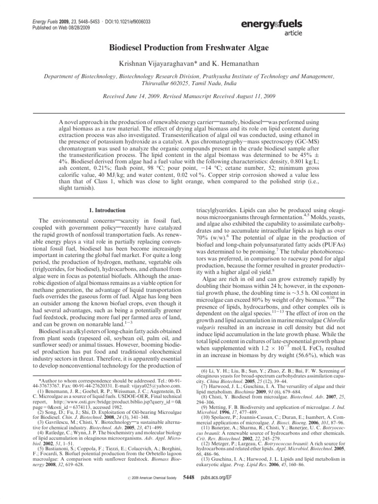 Biodiesel Production From Freshwater Algae | PDF | Algae Fuel | Biofuel