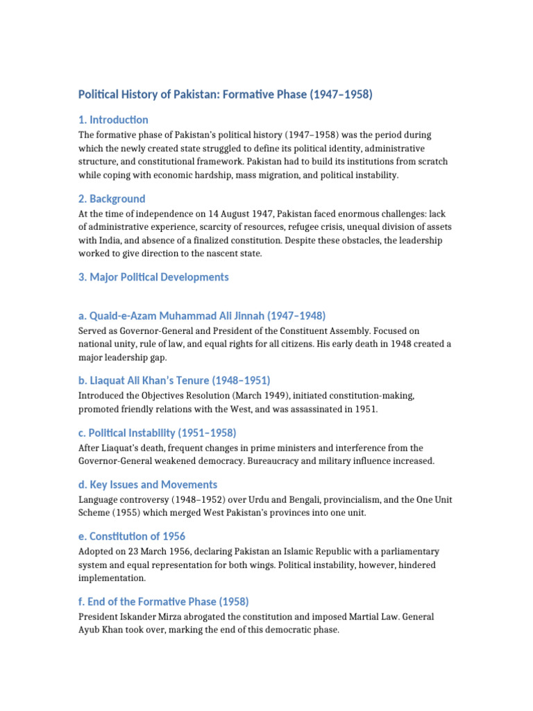 Political History of Pakistan Formative Phase | PDF | Pakistan ...