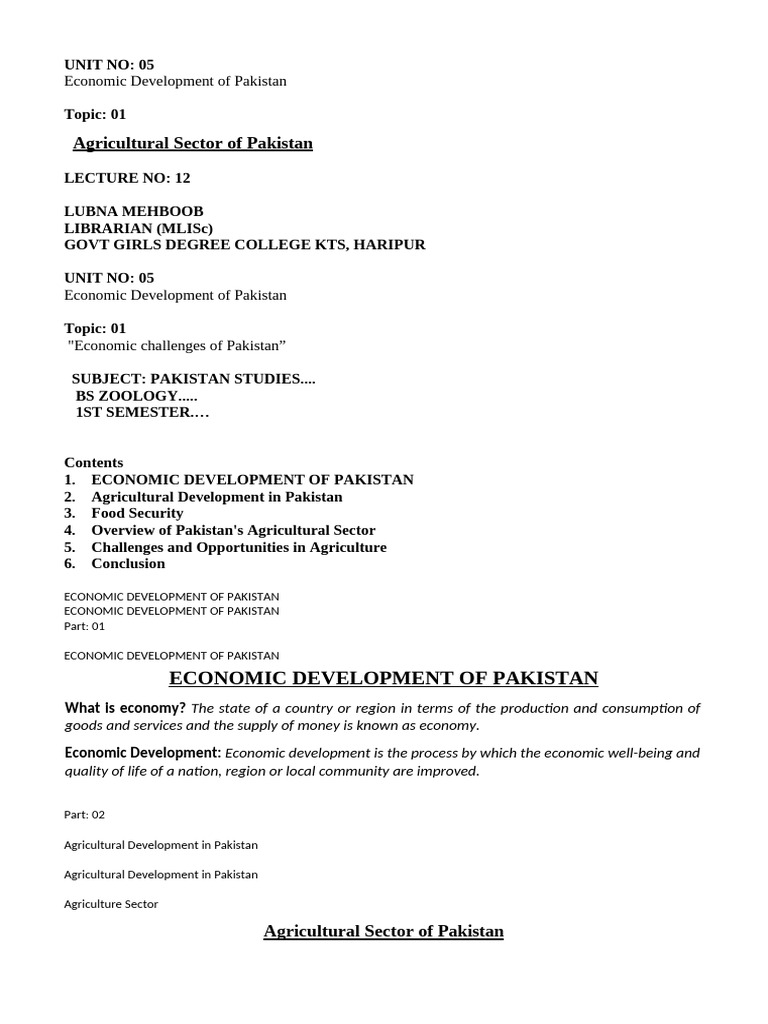 Economic Development of Pakistan Topic 2 Agriculture Sector Unit 5 ...