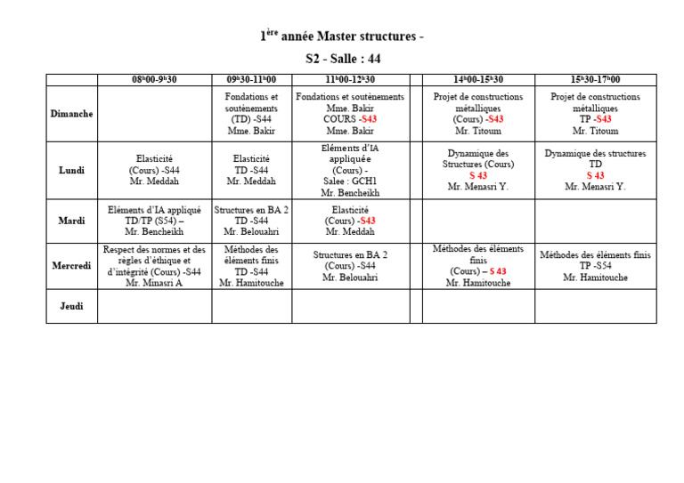 Emploi Du Temps S2 - M1 Structures 2025 2026 29 01 2026docx | PDF